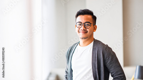 happy young Asian man in glasses standing in a modern office. Confident creative professional or startup employee looking at camera with a smile.