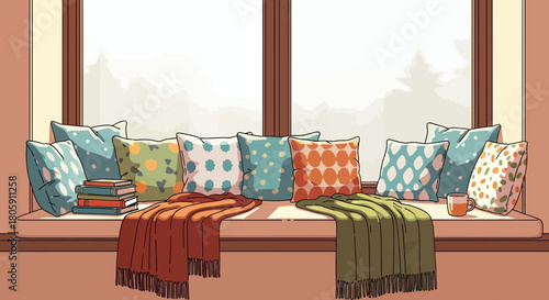 Cozy window seat with pillows blankets books and tea for relaxation and reading nook