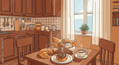 Cozy kitchen scene with fresh pastries and coffee on a wooden table setting