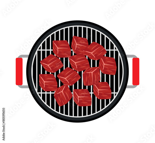 Cooking wagyu saikoro beef on Korean barbecue grill pan icon vector illustration