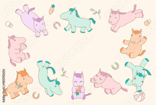 パステルカラーのかわいい馬キャラクターが円形に並ぶフレームデザイン