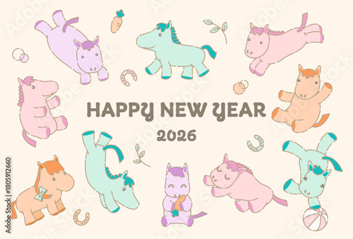 かわいい馬キャラクターの2026年年賀状デザイン