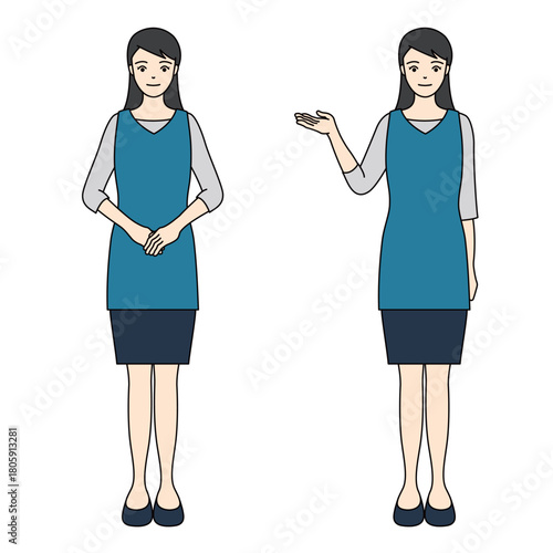 Full-body illustration of a woman in a blue apron with polite and guiding gestures