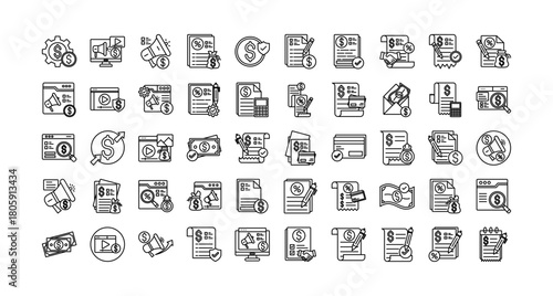 Paid icon set collection. Containing profit, article, marketing, search, revenue, assessment, options .Line vector icons collection