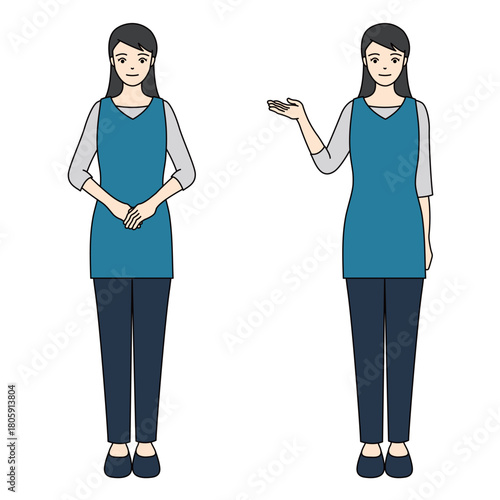 Full-body illustration of a woman in a blue apron with polite and guiding gestures