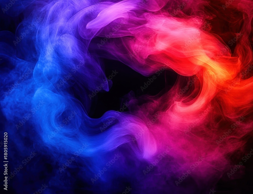 Fototapeta premium Vibrant swirling blue, purple and red smoke ring forming a dark center, glowing ethereal vapor conveying mystery and energetic motion