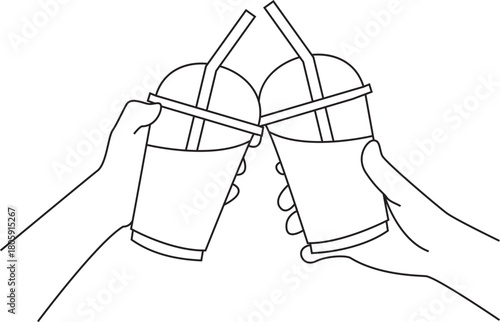 Hands of teenage girls holding glass of ice coffee together hand drawing  vector.