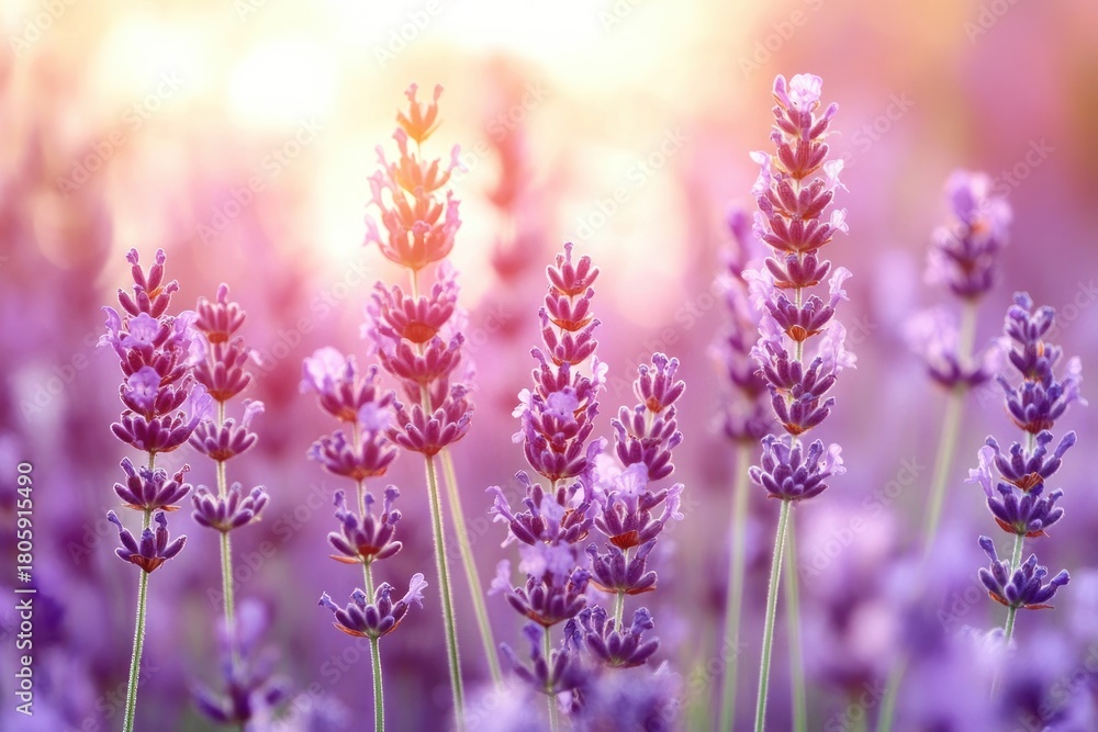 Naklejka premium close-up of sunlit lavender spikes with delicate purple blooms and a warm, serene golden glow