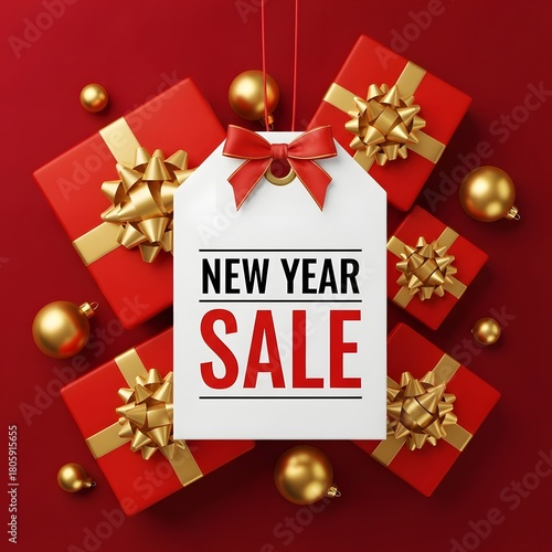 Festive new year sale tag surrounded by red gift boxes and golden ornaments on a red background