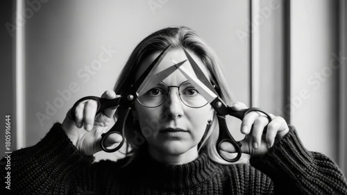 Black and white triptych of an adult caucasian woman holding scissors near her eyes. Conceptual portrait representing mental health struggles, anxiety, or self-destruction