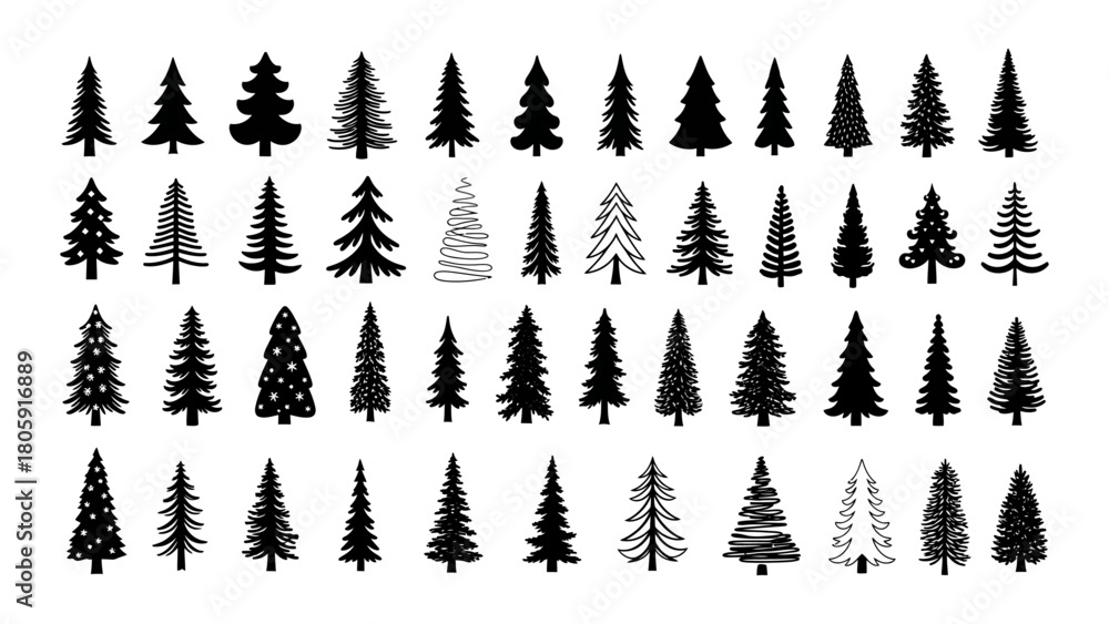 Fototapeta premium A versatile collection of minimalist evergreen tree vector icons in various simple hand-drawn styles