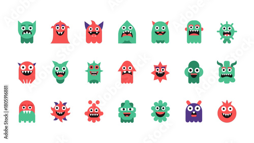 Cute cartoon monsters, diverse characters in playful colors, ideal for graphic design and children's themes