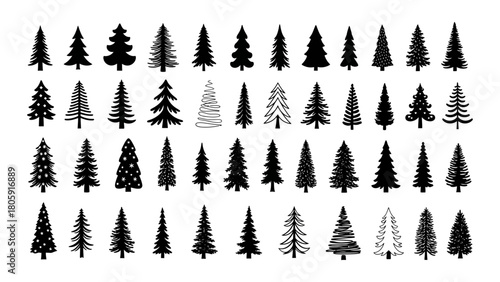 A versatile collection of minimalist evergreen tree vector icons in various simple hand-drawn styles