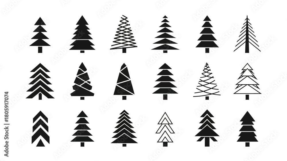 Obraz premium Elegant collection of abstract and geometric pine tree icons for festive winter decor