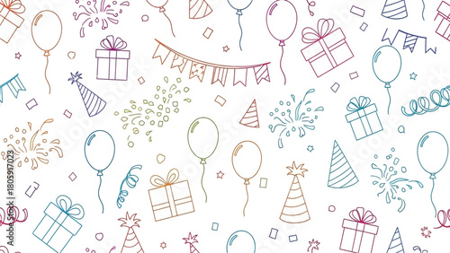 Colorful doodle background with hand-drawn party celebration elements as a seamless pattern