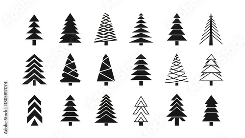 Elegant collection of abstract and geometric pine tree icons for festive winter decor