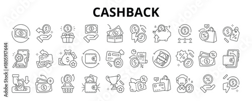 30 Cashback Line Icons Vector - Money Back, Wallet Refill, Cash Return, Saving Boost, Discount Cash, Cash Voucher, Promo Cashback