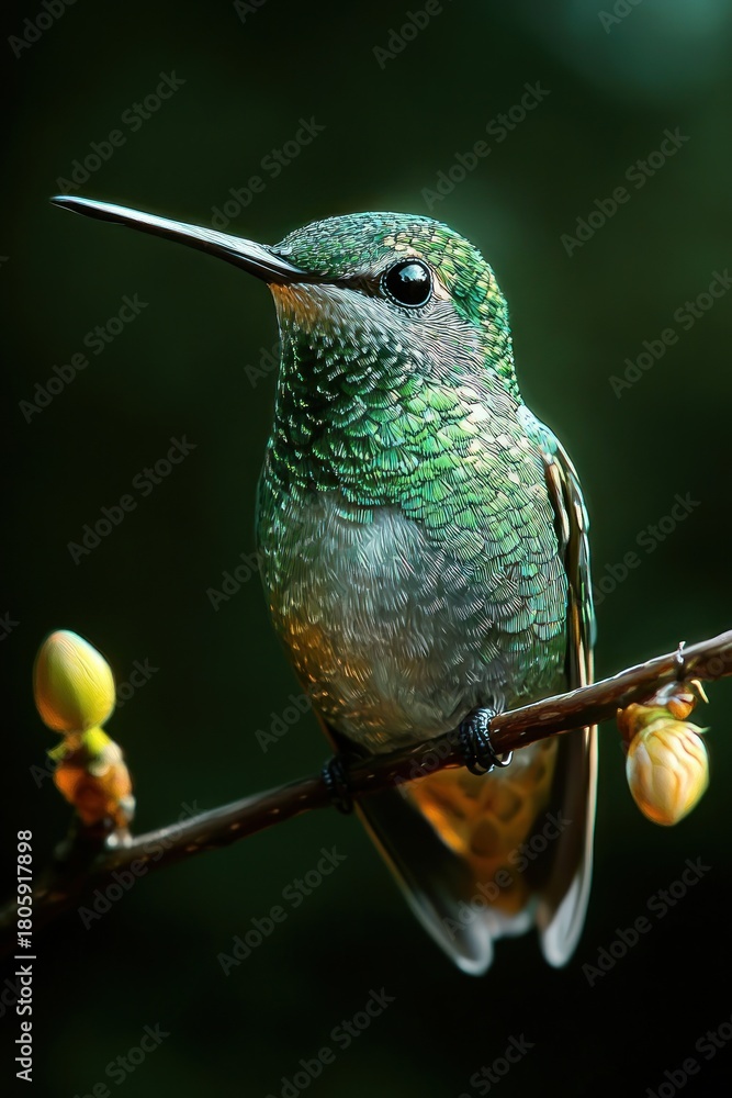 Obraz premium Iridescent green hummingbird perched on a twig with yellow flower buds, close-up portrait conveying serenity and gentle curiosity