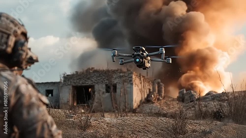 Soldier observing a drone amidst an explosion at a war-torn site, showcasing military technology in action