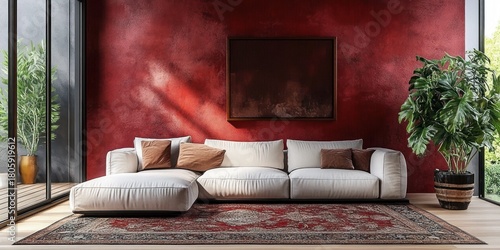 Bright airy living room with white sectional sofa and chaise, patterned red area rug, deep red textured wall, large potted plants by floor-to-ceiling windows, cozy inviting atmosphere
