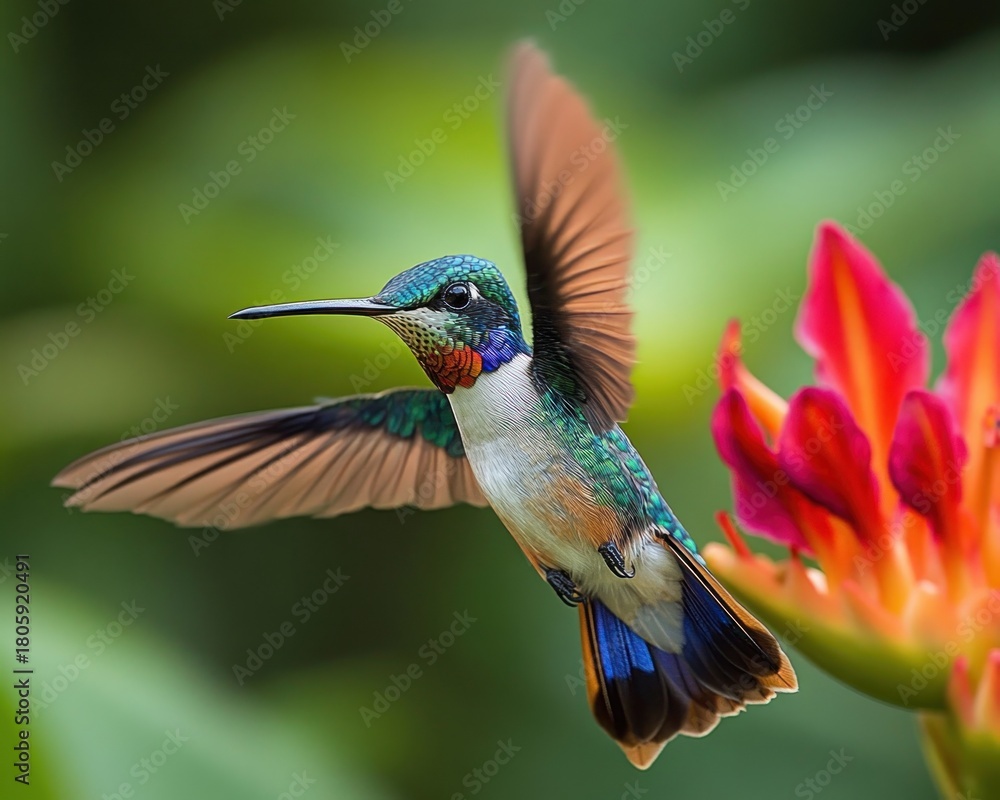 Fototapeta premium Iridescent hummingbird hovering midair beside a vibrant red tropical flower, delicate motion and joyful energy