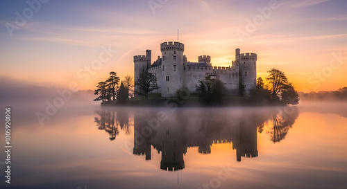 Majestic castle on island reflected in misty lake at sunrise