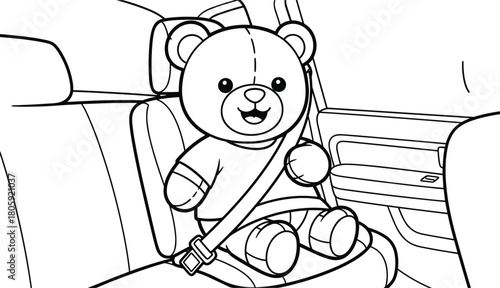Cute teddy bear sitting in car seat with seatbelt on, black and white safety illustration for kids coloring book