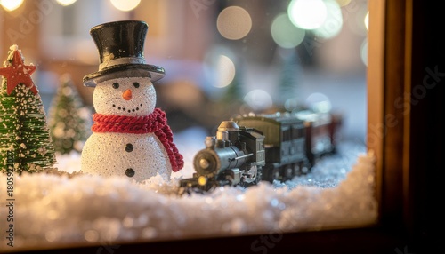 The Toy Train Window. A smiling snowman wearing a black top hat and a red knit scarf. The snowman is standing on a street at night gazing with wonder into a brightly lit toy store window.
