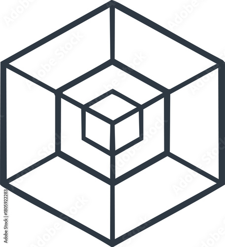 Abstract geometric optical illusion with nested cubes, forming an intricate three-dimensional structure and endless perspective; a minimalist graphic vector design