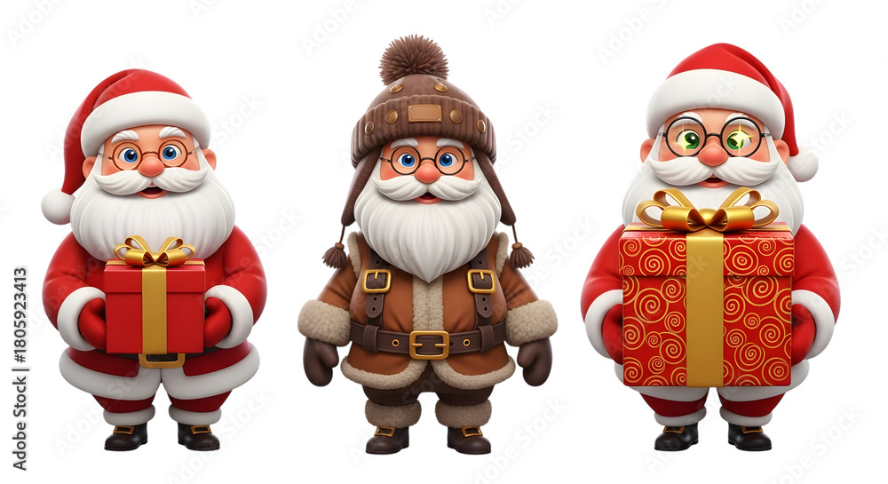 Fototapeta premium Three cartoon santa claus characters holding gifts, one in winter attire