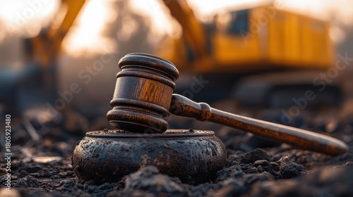Wooden gavel resting in muddy soil with blurred yellow excavator in background, dramatic tense mood suggesting judgment over land and construction