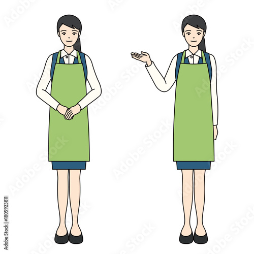 Full-body illustration of a polite woman in a green apron with welcoming and guiding gestures