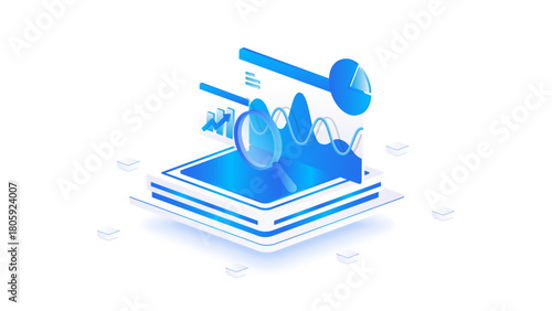 Stock market isometric of financial data analysis dashboard with magnifying glass, market research, and business bnalytics in blue digital style.