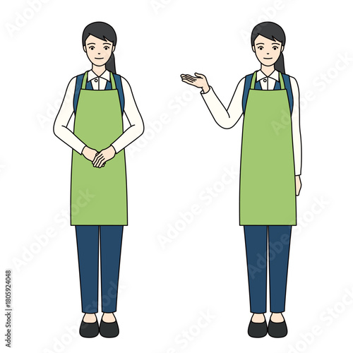Full-body illustration of a woman in a green apron with welcoming and guiding gestures