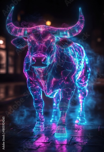 Neon holographic bull striding down a wet city street at night, glowing blue and magenta wireframe with smoke, reflections and a powerful futuristic presence
