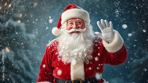Jolly Santa Claus with a long white beard and red suit waves happily in a snowy winter wonderland.