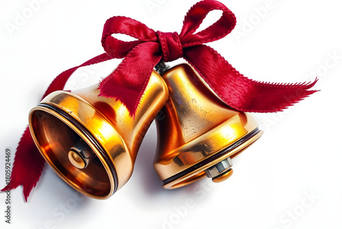vintage brass jingle bells tied together with a frayed deep-red velvet ribbon