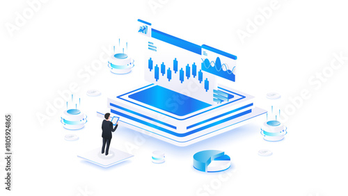 Stock market data analysis isometric vector illustration. Businessman analyzing trade growth charts. concept of finance and trading