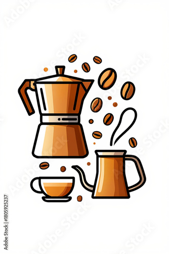 Vintage moka pot coffee maker with cup and beans