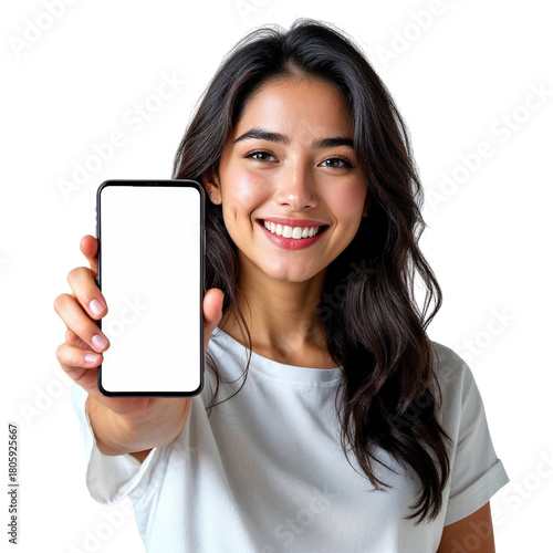 Smiling woman holding up a smartphone with a blank screen for your content isolated on transparent background