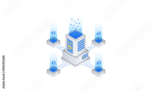 Isometric big data server network illustration with 3d central database, data streams, and connected nodes
