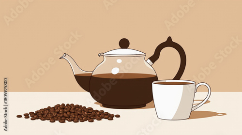 Glass teapot with coffee beans and a mug on a table