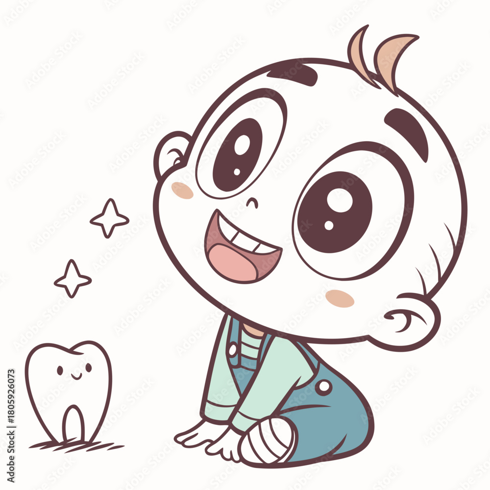 Obraz premium A delightful cartoon illustration of a happy baby with a tooth and stars, isolated on, symbolizing dental health and early childhood milestones