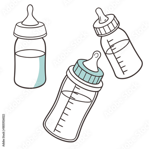 Three baby bottles with milk or formula, essential for feeding newborns and infants, ensuring proper nutrition and growth isolated on