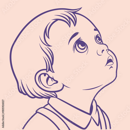 A cute baby boy looks up with wonder in this vector illustration, perfect for baby shower invitations or announcements isolated on