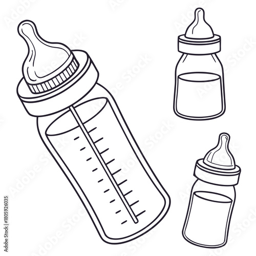 Three baby bottles are shown in this vector illustration, perfect for baby shower invitations or announcements isolated on