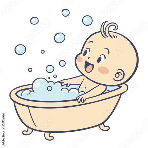 A cute baby is taking a bath with bubbles, looking happy and cheerful, enjoying the water, and having fun isolated on