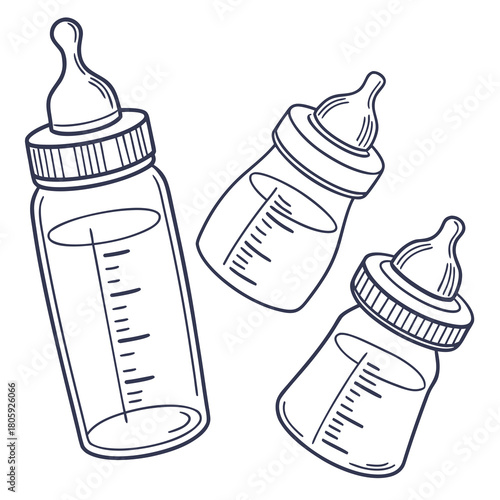 Three baby bottles are shown in this vector illustration, perfect for baby shower invitations or announcements isolated on