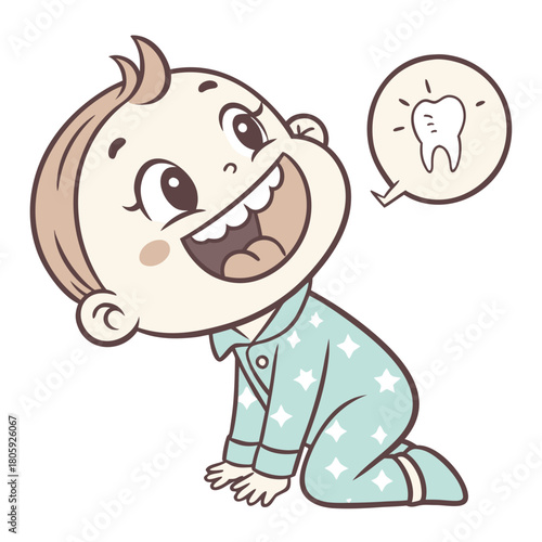 A cheerful cartoon illustration of a baby with a thought bubble showing a tooth, isolated on, representing dental care and early development