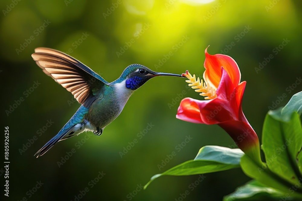 Fototapeta premium iridescent hummingbird hovering to sip nectar from a vibrant red tropical flower amid soft green bokeh, a serene and delicate moment of nature